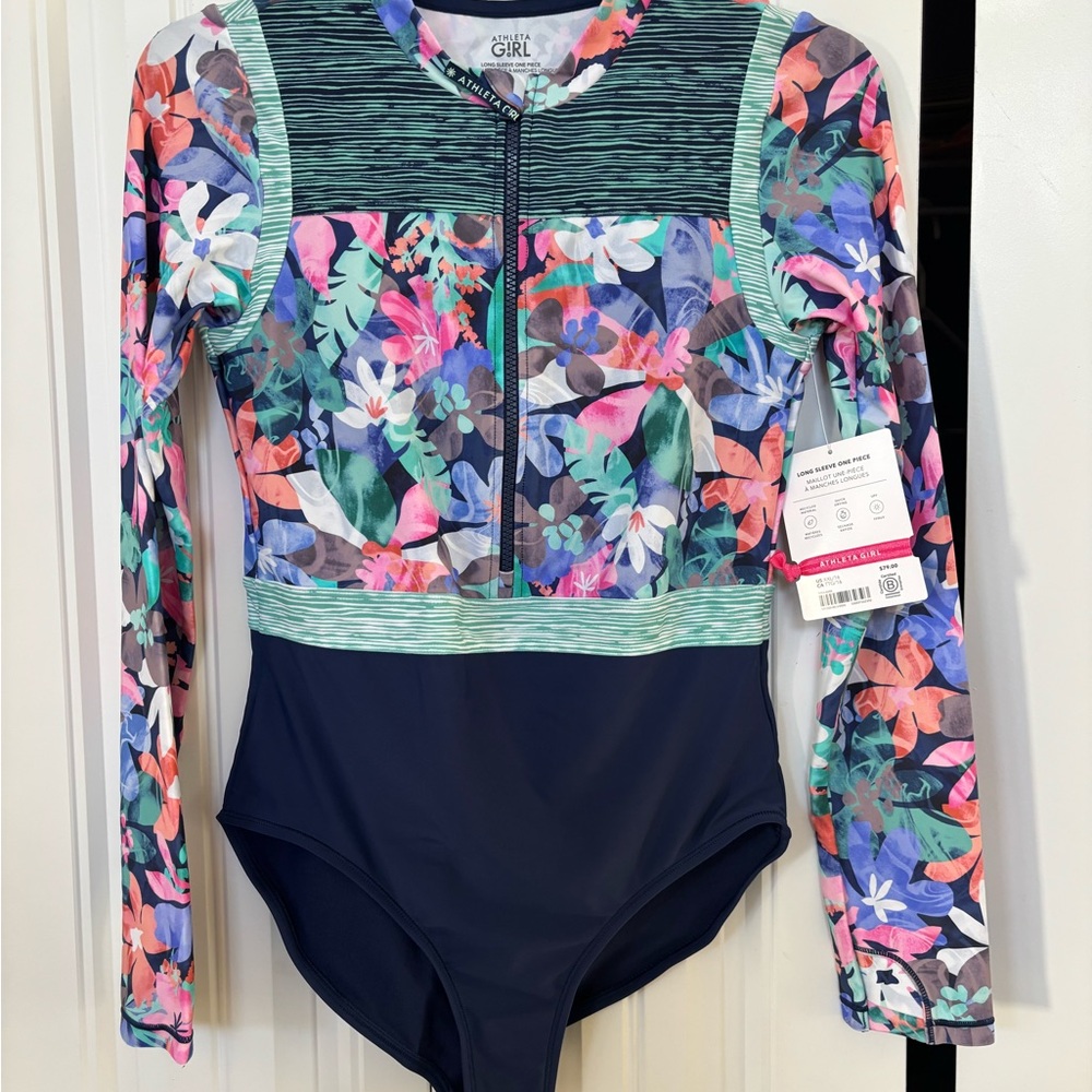 Athleta girls Sz 16 Blue and Pink Floral Long Sleeve UV swim suit